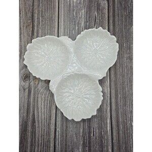 Vintage Ceramic White Iridescent Poinsettia 3 Divided Bowls Serving Dish Holiday